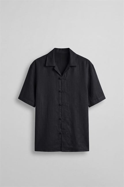 Erkek Boxy Fit Tencel Kumaş Kimono Gömlek Siyah