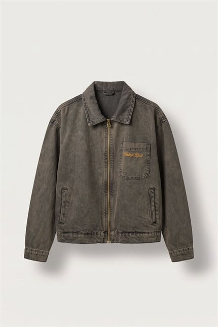 Erkek Boxy Fit Vintage Yıkamalı Nakışlı Denim Ceket Kahverengi
