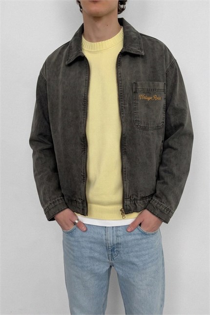Erkek Boxy Fit Vintage Yıkamalı Nakışlı Denim Ceket Kahverengi
