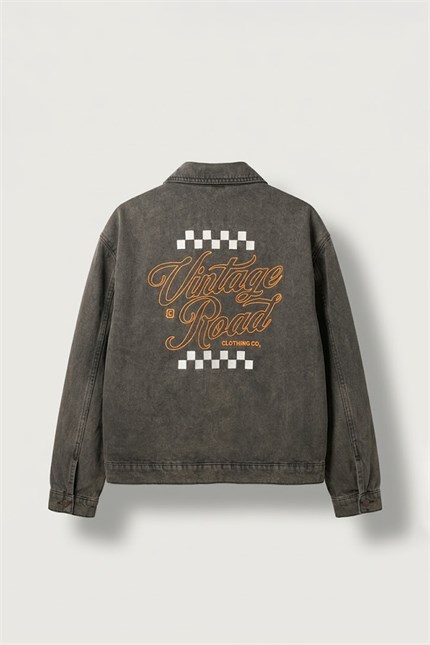 Erkek Boxy Fit Vintage Yıkamalı Nakışlı Denim Ceket Kahverengi