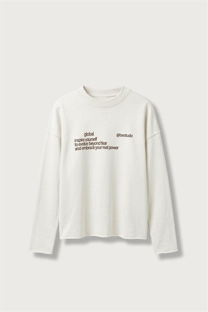 Erkek Boxy Fit Yazı Baskılı Bisiklet Yaka Sweatshirt Ekru