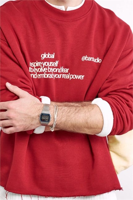 Erkek Boxy Fit Yazı Baskılı Bisiklet Yaka Sweatshirt Kırmızı