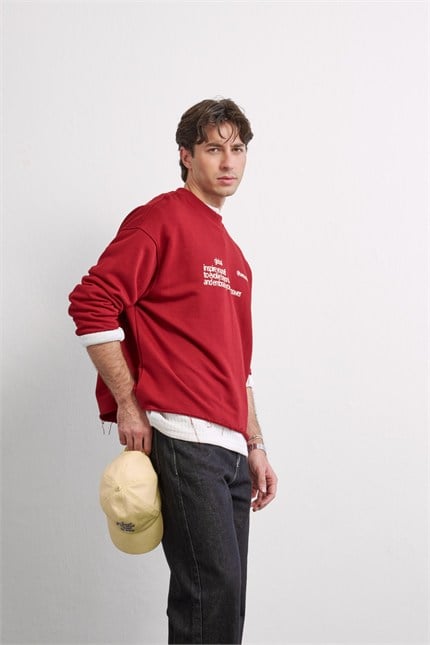 Erkek Boxy Fit Yazı Baskılı Bisiklet Yaka Sweatshirt Kırmızı