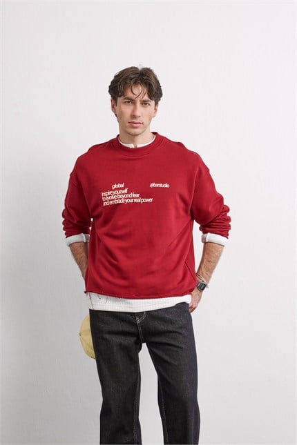 Erkek Boxy Fit Yazı Baskılı Bisiklet Yaka Sweatshirt Kırmızı