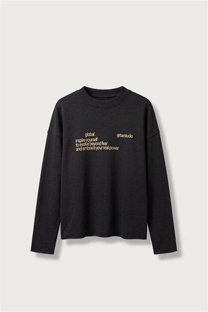 Erkek Boxy Fit Yazı Baskılı Bisiklet Yaka Sweatshirt Siyah