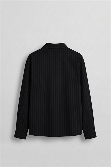 Erkek Boxy Fit Yazı Baskılı Çizgili Tencel Gömlek Siyah