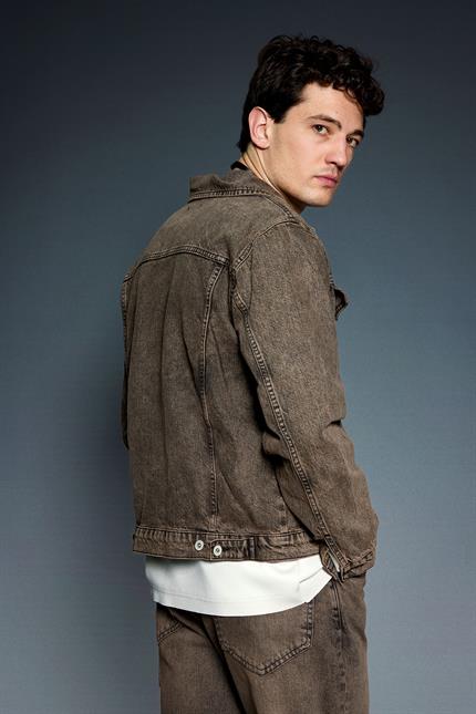 Erkek Boxy Fit Yıkamalı Denim Ceket Kahverengi