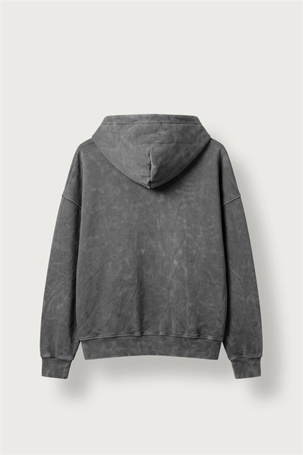 Erkek Boxy Fit Yıkamalı Metal Tokalı Kapüşonlu Sweatshirt Füme