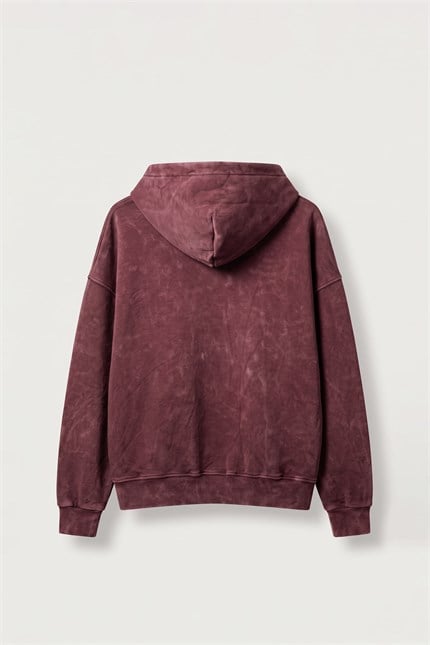 Erkek Boxy Fit Yıkamalı Metal Tokalı Kapüşonlu Sweatshirt Bordo