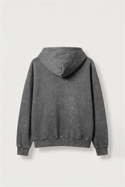 Erkek Boxy Fit Yıkamalı Metal Tokalı Kapüşonlu Sweatshirt Füme