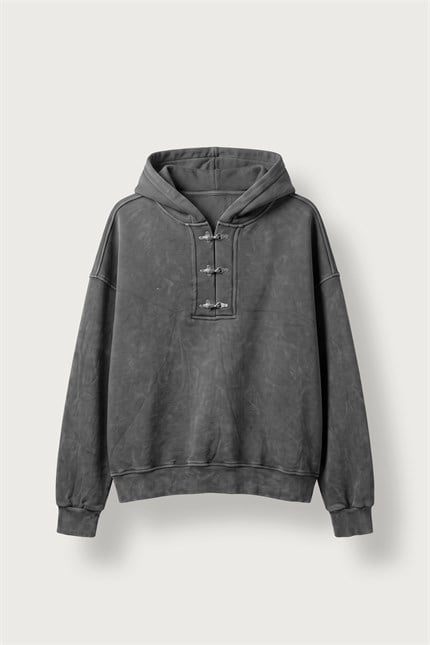 Erkek Boxy Fit Yıkamalı Metal Tokalı Kapüşonlu Sweatshirt Füme