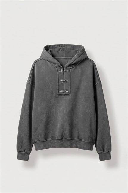 Erkek Boxy Fit Yıkamalı Metal Tokalı Kapüşonlu Sweatshirt Füme