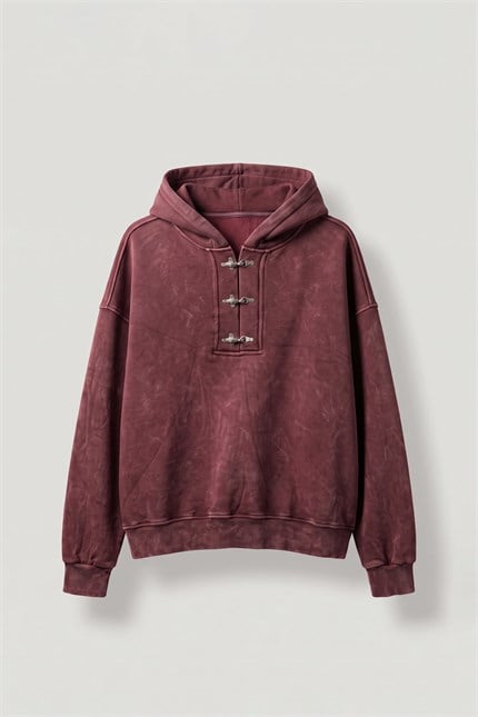 Erkek Boxy Fit Yıkamalı Metal Tokalı Kapüşonlu Sweatshirt Bordo