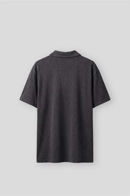 Erkek Boxy Fit Yıkamalı Polo Yaka T-Shirt Siyah