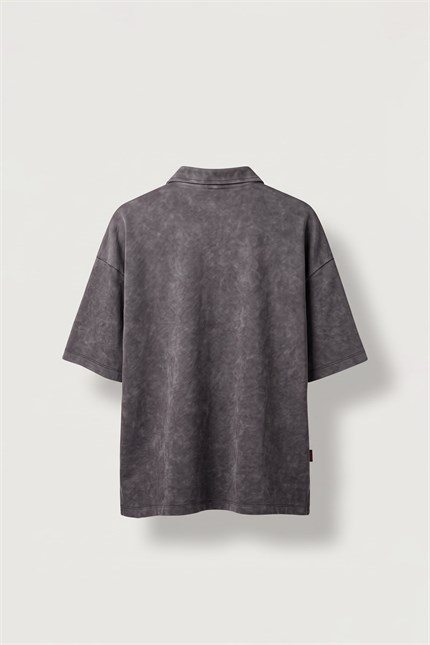 Erkek Boxy Fit Yıkamalı Polo Yaka T-Shirt Kahverengi