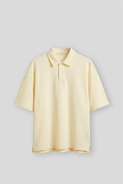 Erkek Boxy Fit Yıkamalı Polo Yaka T-Shirt Sarı