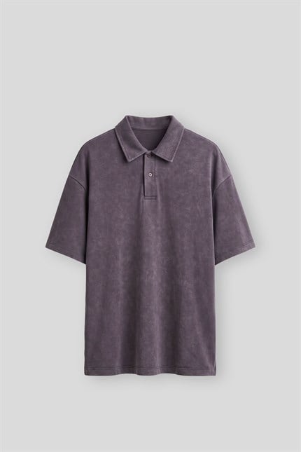 Erkek Boxy Fit Yıkamalı Polo Yaka T-Shirt Kahverengi