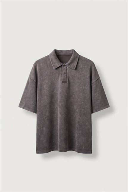 Erkek Boxy Fit Yıkamalı Polo Yaka T-Shirt Kahverengi