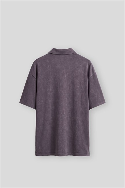 Erkek Boxy Fit Yıkamalı Polo Yaka T-Shirt Kahverengi