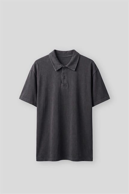 Erkek Boxy Fit Yıkamalı Polo Yaka T-Shirt Siyah