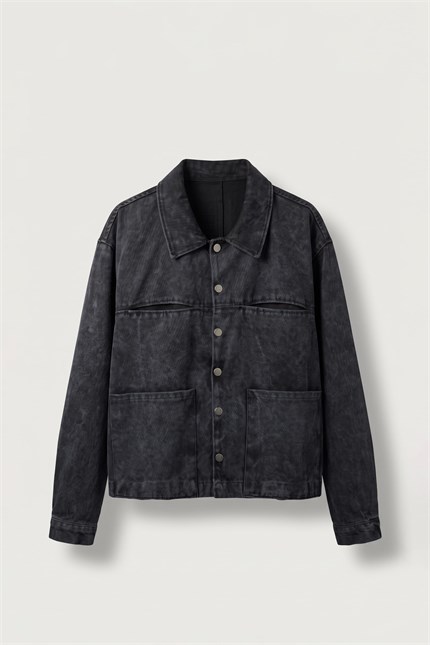 Erkek Boxy Fit Yıkamalı Utility Gabardin Ceket Siyah