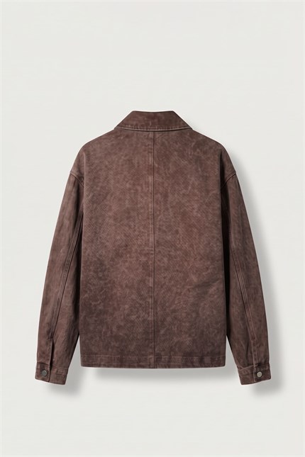 Erkek Boxy Fit Yıkamalı Utility Gabardin Ceket Kahverengi