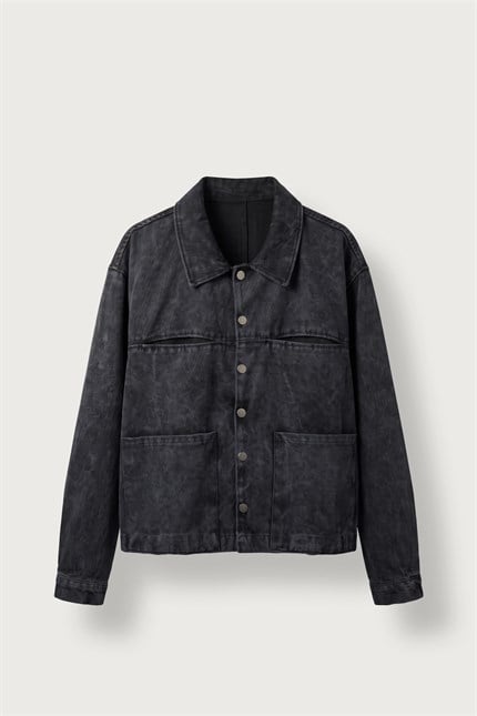 Erkek Boxy Fit Yıkamalı Utility Gabardin Ceket Siyah