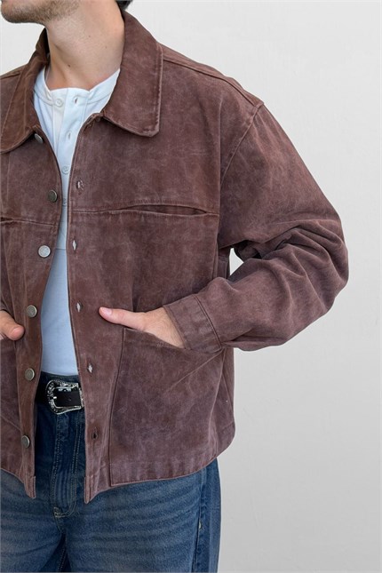Erkek Boxy Fit Yıkamalı Utility Gabardin Ceket Kahverengi
