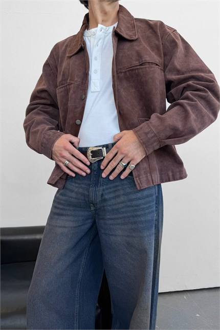 Erkek Boxy Fit Yıkamalı Utility Gabardin Ceket Kahverengi