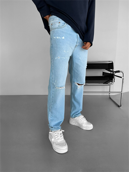 Erkek Slim Fit Distressed Jean Pantolon Açık Mavi