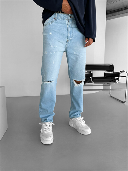 Erkek Slim Fit Distressed Jean Pantolon Açık Mavi