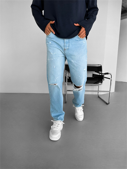 Erkek Slim Fit Distressed Jean Pantolon Açık Mavi