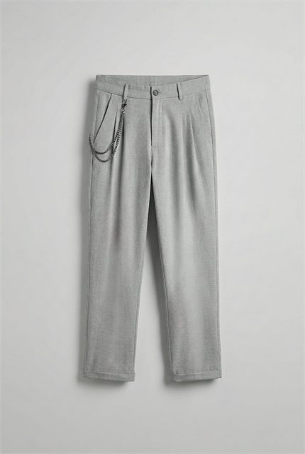 Erkek Boyfriend Zincirli Kumaş Pantolon Açık Gri