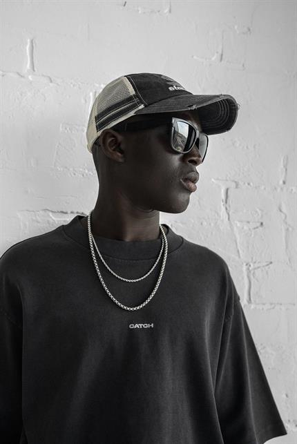 Erkek Catch Minimal Baskılı Oversize T-Shirt Siyah