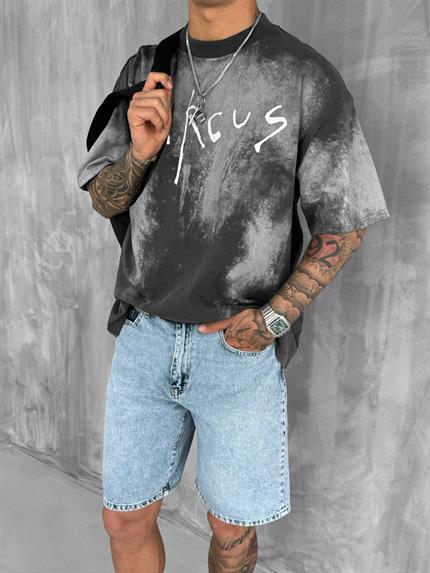 Erkek Cirsus Baskılı Yıkamalı Oversize T-Shırt Siyah