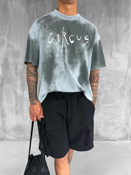 Erkek Cirsus Baskılı Yıkamalı Oversize T-Shırt Gri