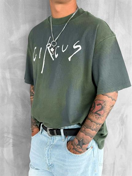 Erkek Cirsus Baskılı Yıkamalı Oversize T-Shırt Haki