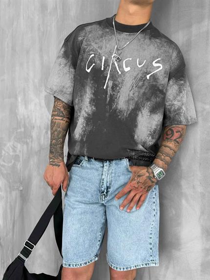 Erkek Cirsus Baskılı Yıkamalı Oversize T-Shırt Siyah