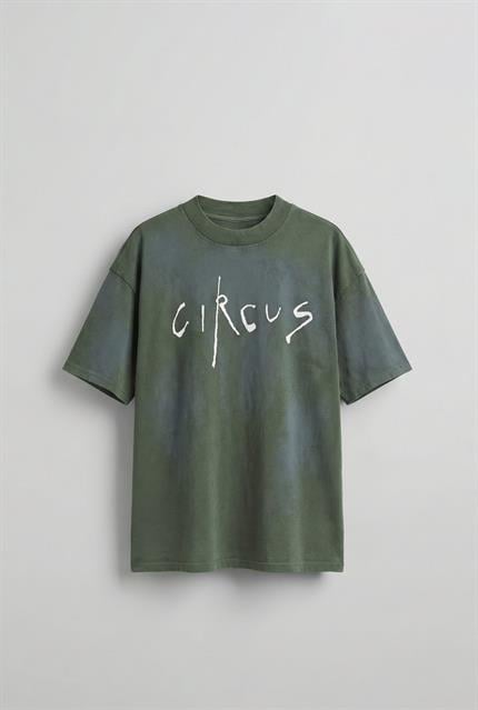 Erkek Cirsus Baskılı Yıkamalı Oversize T-Shırt Haki