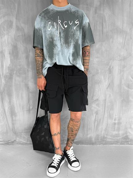 Erkek Cirsus Baskılı Yıkamalı Oversize T-Shırt Gri