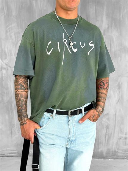 Erkek Cirsus Baskılı Yıkamalı Oversize T-Shırt Haki