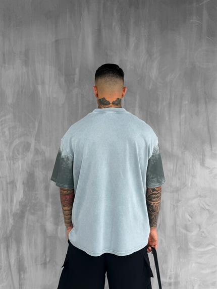 Erkek Cirsus Baskılı Yıkamalı Oversize T-Shırt Gri