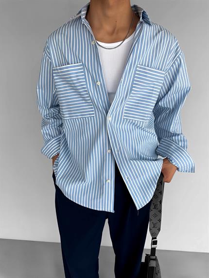 Erkek Çizgili Cepli Uzun Kollu Oversize Gömlek Mavi