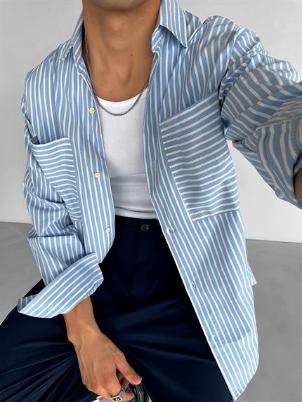 Erkek Çizgili Cepli Uzun Kollu Oversize Gömlek Mavi
