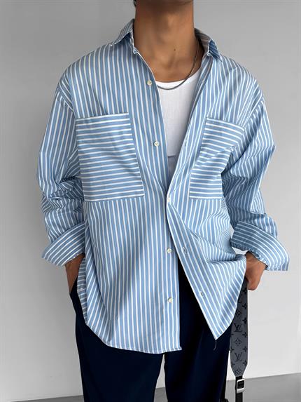 Erkek Çizgili Cepli Uzun Kollu Oversize Gömlek Mavi