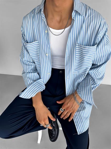 Erkek Çizgili Cepli Uzun Kollu Oversize Gömlek Mavi