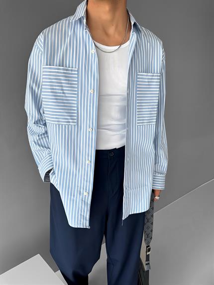 Erkek Çizgili Cepli Uzun Kollu Oversize Gömlek Mavi