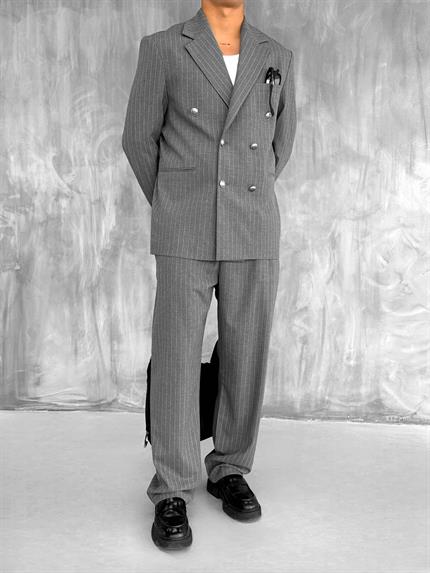 Erkek Çizgili Oversize Kruvaze Takım Elbise Gri