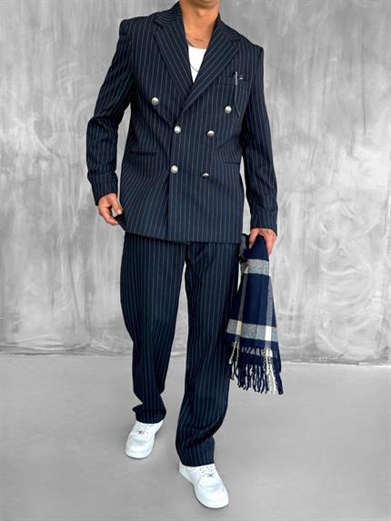 Erkek Çizgili Oversize Kruvaze Takım Elbise Lacivert