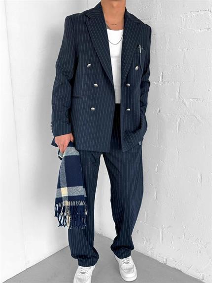 Erkek Çizgili Oversize Kruvaze Takım Elbise Lacivert